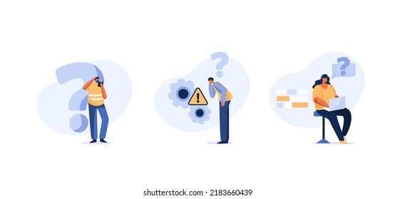 People with question mark concept. People asking a questions and receiving answers from helpdesk operator. flat character illustration.