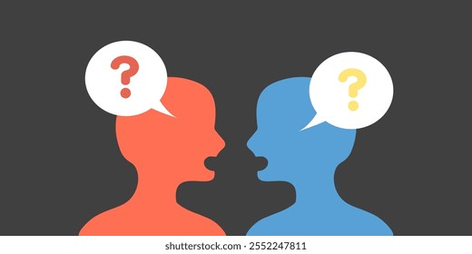 People with question mark having misunderstanding. Communication problem, challenge, relationship, argument concepts. Flat people character vector design isolated illustration.