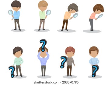 People With Question Mark Sign And Magnifier Set - Isolated On White Background - Vector Illustration, Graphic Design Editable For Your Design