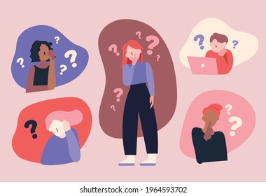 People with question marks on their heads and wondering. flat design style minimal vector illustration.