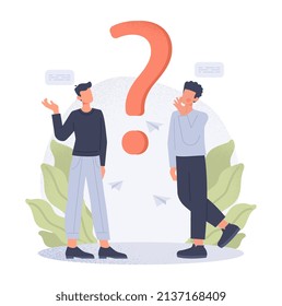 Gente con signo de interrogación. Duda e indecisión. Muchachos razón, incertidumbre. Buscar una solución óptima, toma de decisiones e intercambio de ideas. Preguntas frecuentes. Dibujo vectorial plano de dibujos animados