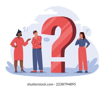 People with question sign. Men and women near big sign. Technical support and FAQ, consultants. Poster or banner for website. Information and knowledge concept. Cartoon flat vector illustration