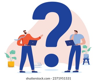 People question - Two office business characters at work standing with big question mark with computers, thinking and wondering. Flat design vector illustration with white background
