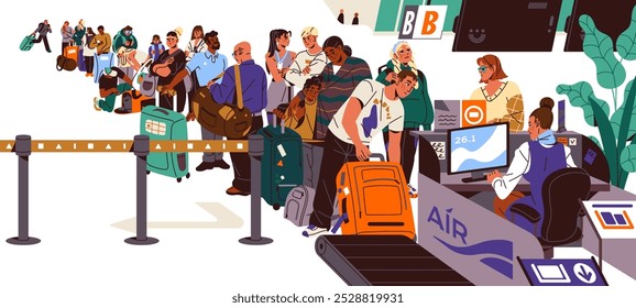 Las Personas están en cola en el aeropuerto. Pasajeros en fila para la puerta, mostrador de registro, facturar equipaje. Multitud esperando abordar el avión para viajar. Ilustración vectorial aislada plana en blanco