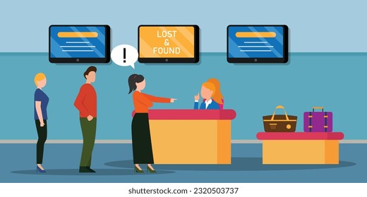 People queue at airport terminal lost and found counter desk 2d vector illustration concept for banner, website, illustration, landing page, flyer, etc.