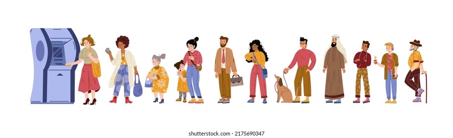 People queue at atm. Diverse characters stand in line waiting turn to make money transaction in automated teller machine. Clients at bank terminal, banking services, Linear flat vector illustration