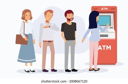 People Are Queue At The ATM Machine,waiting In Line For Use ATM Some Start Angry Due To Too Long Time. Flat Vector Cartoon Character Illustration.