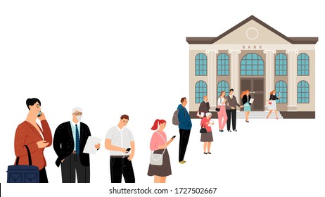 People queue at bank. Crowd waiting line, social distance. Men women couples need cash money, payouts or government subsidies. Finance crisis and banking problems vector illustration