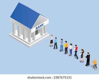 People queue at bank. Crowd waiting in line isometric 3d vector illustration concept for banner, website, landing page, flyer, etc