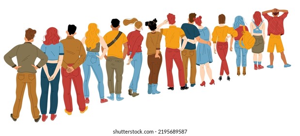 People queue from behind, male and female characters stand in line back view. Men and women wait in shopping mall, supermarket, atm, airport registration desk, Cartoon linear flat vector