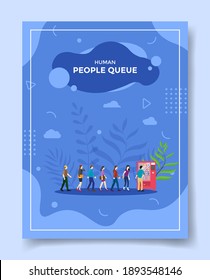 people queue buy on vending machine drink for template of banners, flyer, books cover, magazine with liquid shape flat style