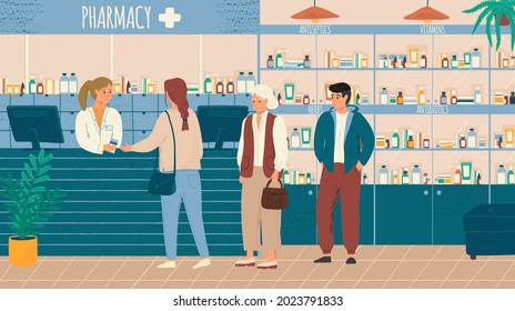 People in queue buying drugs in pharmacy store vector illustration. Pharmacist and clients in counter at pharmacy shop. Drugstore interior with shelves full of drugs