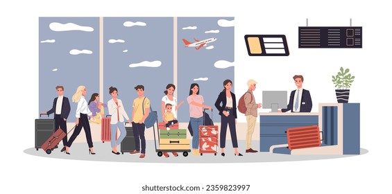 People in queue to check-in counter vector illustration. Passengers with suitcases showing passports and checking in, waiting for flight departure. Flight delay, travel, tourism concept