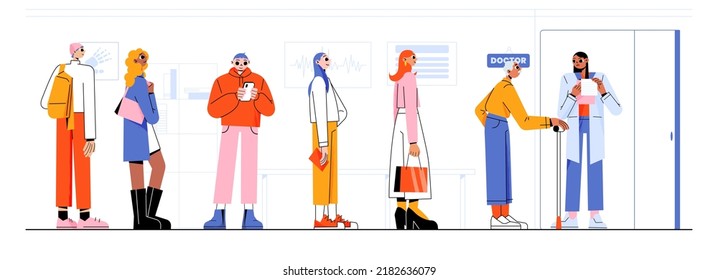 People queue in clinic hall, characters waiting in line for medical appointment. Doctor invite patients to cabinet, young and senior characters in hospital lobby, Line art flat vector illustration