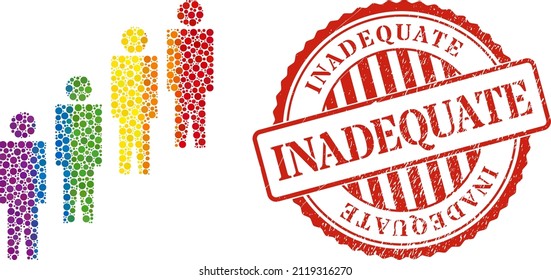People queue composition icon of round dots in variable sizes and spectrum bright shades. Red round textured seal imprint with Inadequate title. A dotted LGBT- colored people queue for lesbians, gays,