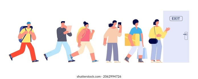 People queue to door. Exit, evacuation or go for walk. Women men with luggage going outdoor, vector illustration
