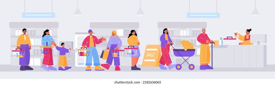 People queue in eco shop. Customers with organic products in shopping baskets stand in line waiting turn for payment at cashier desk. Saleswoman release purchases, Line art flat vector illustration