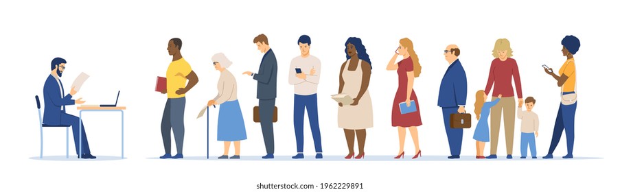 People queue. File clerk or secretary taking or accepting documents. Diverse multiracial businesspeople, parents, kids, elderly in waiting line. Flat cartoon vector illustration