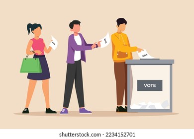 La gente hace fila frente a la mesa de votación para las elecciones generales regionales o presidenciales. Concepto de votación. Ilustración vectorial gráfica plana de color. 