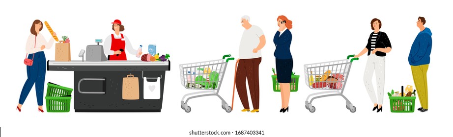 People Queue In Grocery. Food Store, People With Carts. Waiting Line To Cashier, Man Woman Elderly Want To Buy Products Vector Illustration