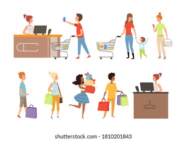 People queue. Grocery store customers, apparel shop or mall shoppers vector illustration