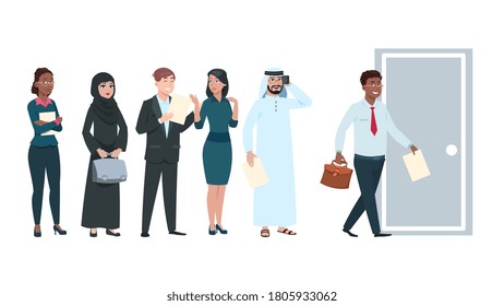 La gente hace cola. Buscadores de trabajo en fila de espera con currículum en manos. Trabajadores de oficina esperan tiempo para entrar, hombre va a la puerta