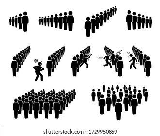 People queue and lining up. Vector artwork of crowd queuing in line waiting their turns. A person is getting impatient and cutting the line. Some masses are scattered and standing everywhere. 