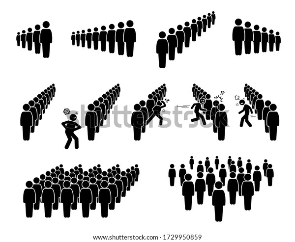 People queue and lining up. Vector artwork of crowd\
queuing in line waiting their turns. A person is getting impatient\
and cutting the line. Some masses are scattered and standing\
everywhere. 