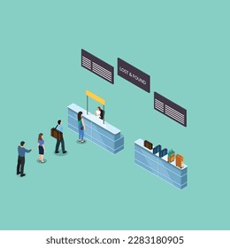 People queue Lost and found service at airport isometric 3d vector illustration concept banner, website, landing page, ads, flyer template