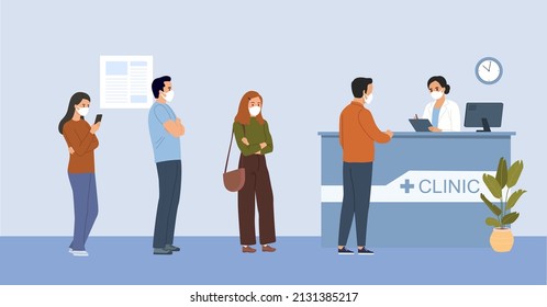 People queue. Man at the reception desk in the interior of the hospital. Vector illustration