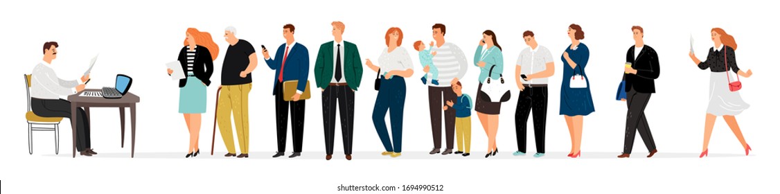 People Queue. Man Takes Documents, Secretary. Businesspeople, Parents, Elderly In Waiting Line Vector Illustration