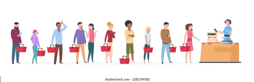 People Queue. Man And Woman Standing Waiting In Long Line Row. Crowded Queue In Grocery Store Vector Concept