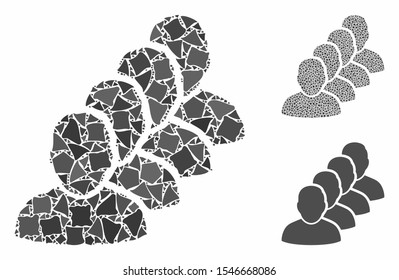 People queue mosaic of bumpy items in various sizes and shades, based on people queue icon. Vector rough items are composed into collage. People queue icons collage with dotted pattern.