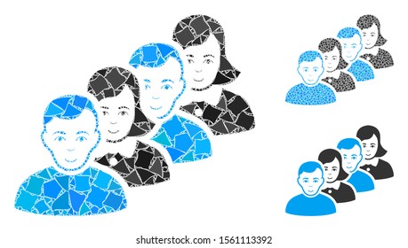 People queue mosaic of humpy parts in various sizes and color hues, based on people queue icon. Vector humpy items are united into composition. People queue icons collage with dotted pattern.