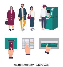 People queue near ATM. Operations: Insert credit card, enter pin code, receiving money. Set of colorful images in flat style.