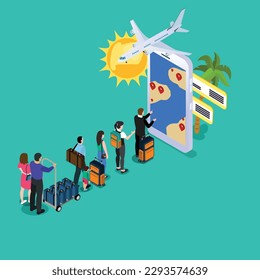 People queue online travel service, mobile travel 3d isometric vector illustration concept for banner, website, landing page, ads, flyer template