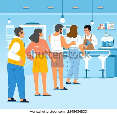 People Queue to order food and Drink in modern Coffehouse Barista and customer in coffee shop