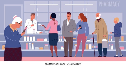 People queue at the pharmacy. A courteous pharmacist serves customers. People hold recipes in their hands. Old woman examines the drug after purchasing. Colored vector illustration in flat 