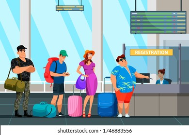 People queue at registration. Check in process. Administrator receptionist sitting at desk counter and checking passenger document for flight. Passport control. Airport terminal interior