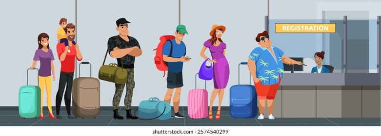 People queue at registration. Check in process. Administrator receptionist sitting at desk counter and checking passenger document for flight. Passport control. Airport terminal interior.