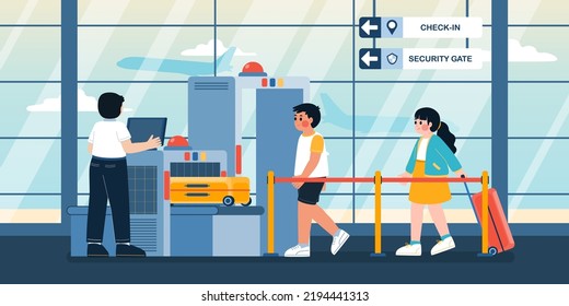 People Queue For Security Check In Airport, Vector, Illustration