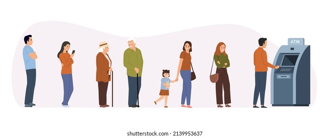 People queue.  People standing in line to atm machine.  Vector flat style cartoon illustration