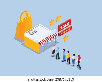 People queue Store mega sale isometric 3d vector illustration concept for banner, website, landing page, flyer, etc