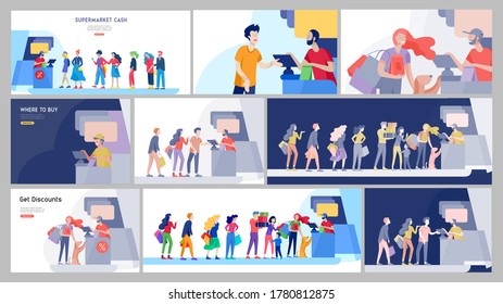 People queue in supermarket with cashier, where to buy concept of customer and shop assistant. Selling interaction, purchasing process. Creative landing page design template