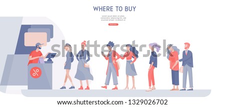 People queue in supermarket with cashier, where to buy concept of customer and shop assistant. Selling interaction, purchasing process. Creative landing page design template