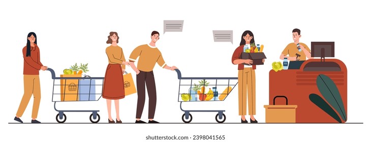 La gente hace cola en el concepto de supermercado. Hombre y mujer con carros de compras y verduras. Comercialización, chicos y chicas en fila de espera. Dibujo vectorial plano de dibujos animados aislado en fondo blanco