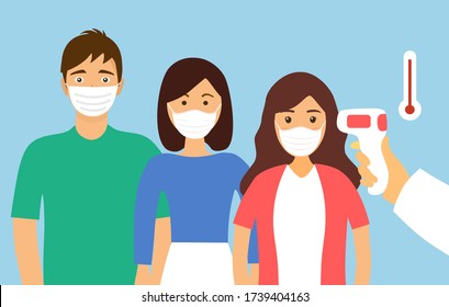 People are in queue for temperature scan. Measuring the temperature of people with digital infrared thermometer. Covid-19 coronavirus epidemic outbreak. Thermo scan checkpoint concept vector.