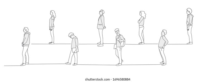 People in queue waiting for something. Keep a distance. Turn. Line drawing vector illustration.