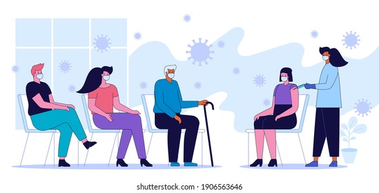 People in queue waiting for vaccination. Female doctor makes injection to patient. Seasonal flu vaccine, prevention and immunize from covid-19. Time to vaccinate concept. Vector character illustration