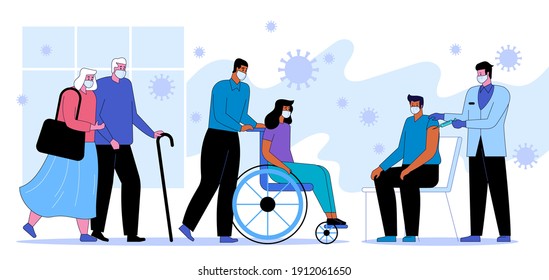 People in queue waiting for vaccination. Male doctor makes injection to patient. Elderly couple, disabled person wait in line flu vaccine or immunize from covid-19. Vector character illustration